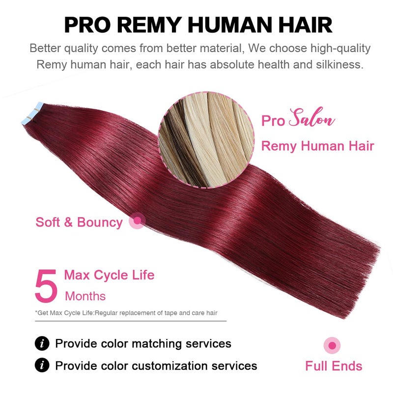 SUYYA Tape in Hair Extensions Burgundy 100% Real Human Hair 12 inches 20pcs 40g/pack Straight Seamless Skin Weft Wine Red Tape Hair Extensions(12 inches#Burgundy) - Image 4
